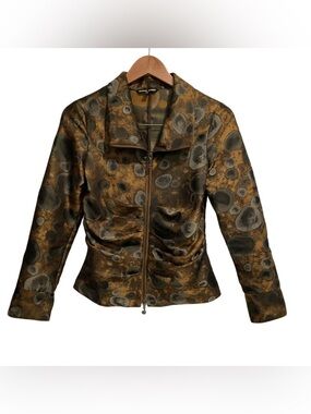 Samuel Dong Ruched Zip Front Jacket Rock Art Print Brown Gray